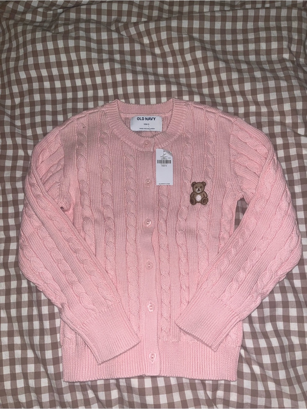 Pink Cable Knit Crewneck Sweater with Embroidered Bear Girls size small - Picture 4 of 5
